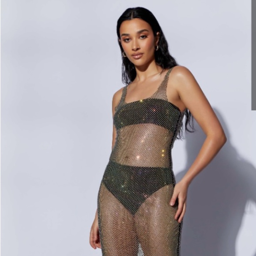 Semi Sheer Black Sparkling Diamonte Mesh Maxi Dress by Meshki